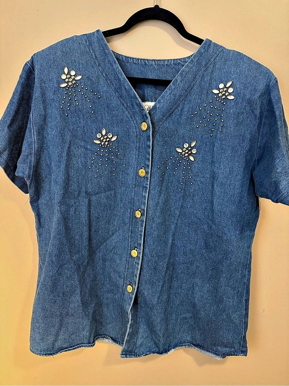 ALLEN OF CALIFORNIA Women's Vintage Denim Top USA Rhinestone Western LARGE L